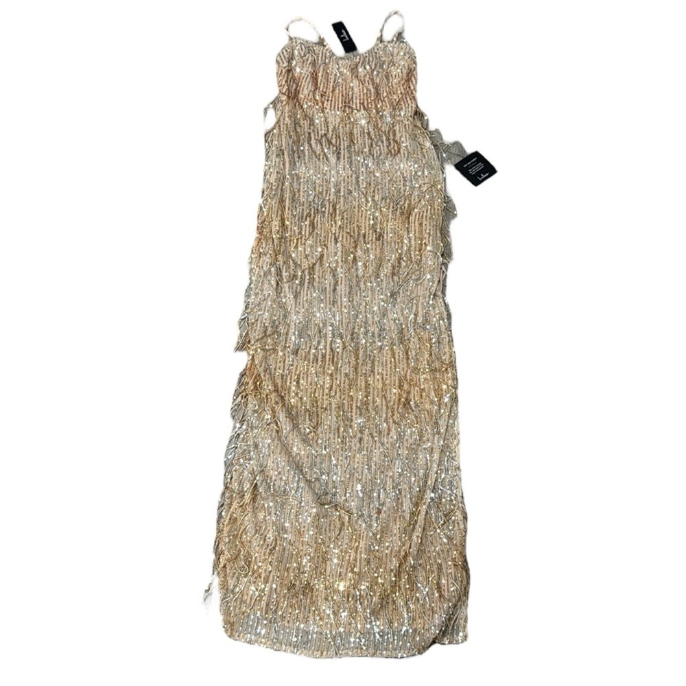 Lulu's Gold Long Sequin Fringe Maxi Formal Gown Gala Prom Dress Women’s Small
